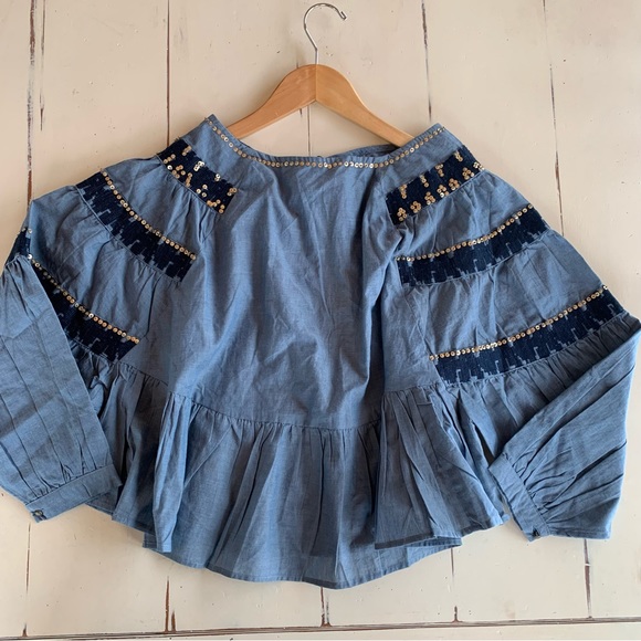 Anthropologie Boho Top Size XS Raga Boho Raglan Sleeve Embroidery Blue Top NWT - Picture 5 of 14